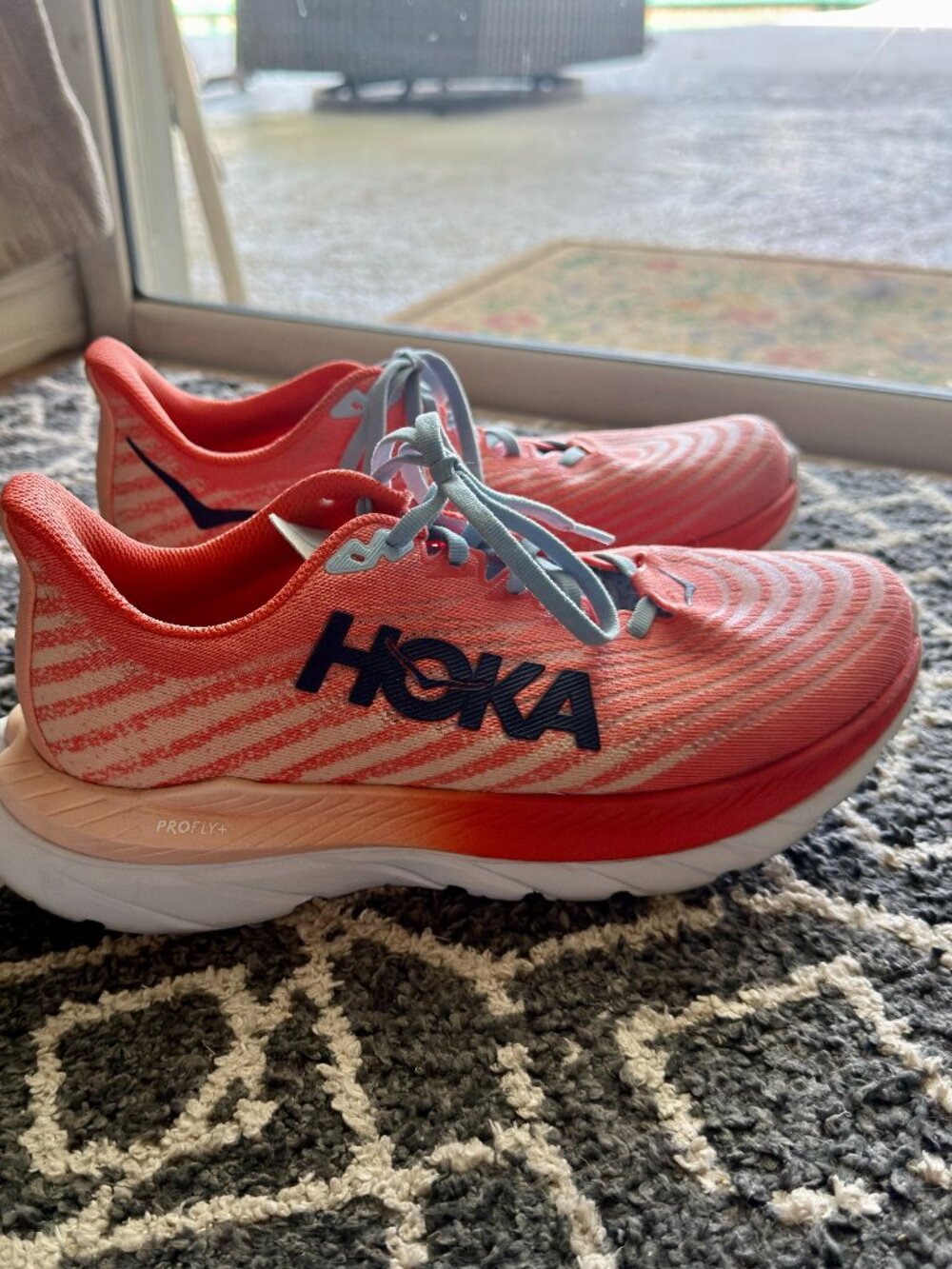 Hoka One One Coral Pink and Light Blue Women's Running Shoes